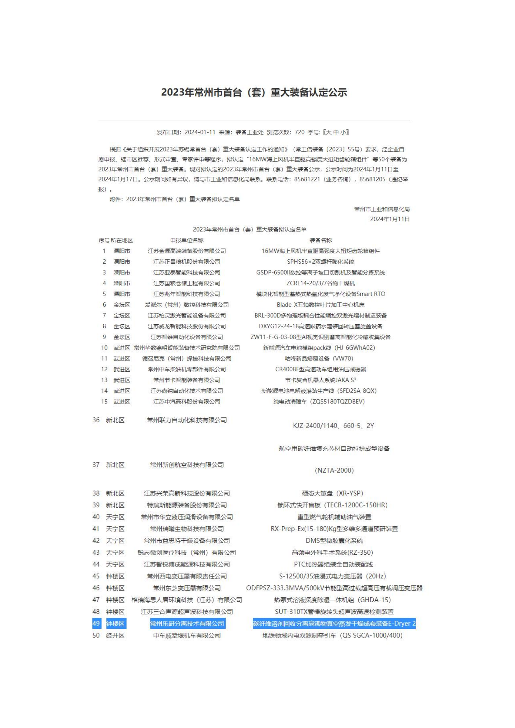 常州樂研分離技術(shù)有限公司通過(guò)2023年首臺(tái)（套）重大裝備認(rèn)定
